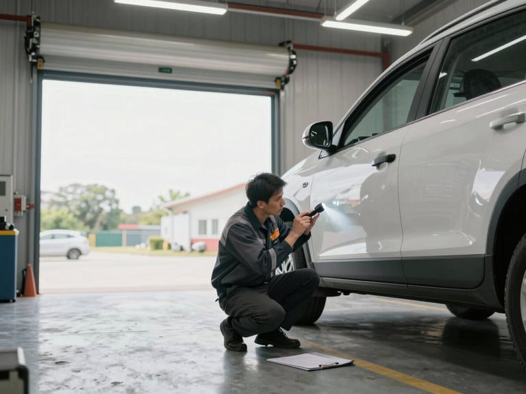 Wide shot of a bright inspection bay, open roller door letting in natural daylight, inspector in work jacket crouching beside a vehicle door examining the lower panel edge with a flashlight, overhead shop lights casting even white illumination, clipboard and equipment case visible on the floor nearby