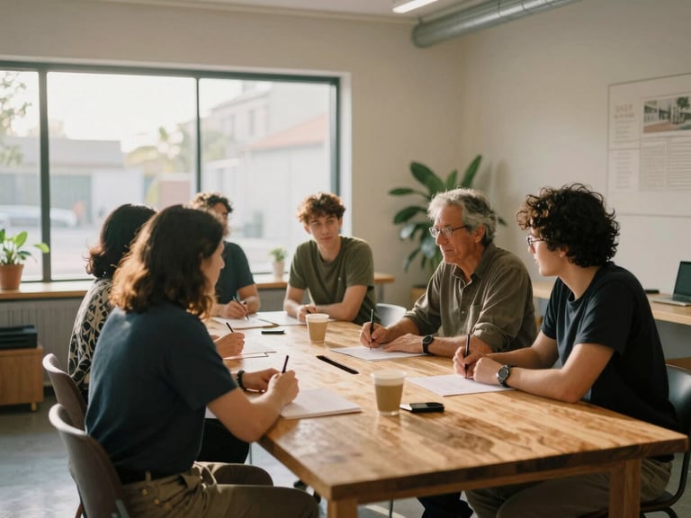 Candid wide shot of a modern community workshop space, neighborhood leaders gathered around a wooden table planning, warm natural light, 35mm film style