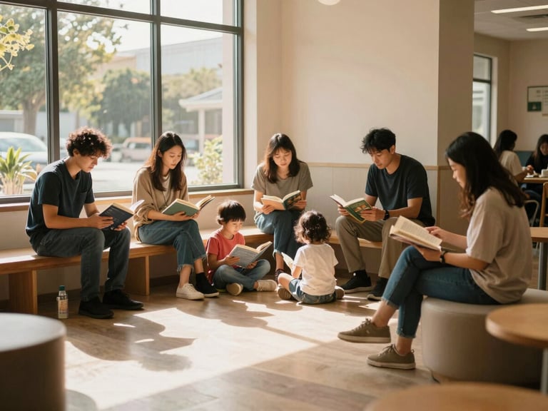 Documentary photograph of a warm, sunlit family community center lobby, parents and children reading together in a cozy corner, soft natural light, organic tones