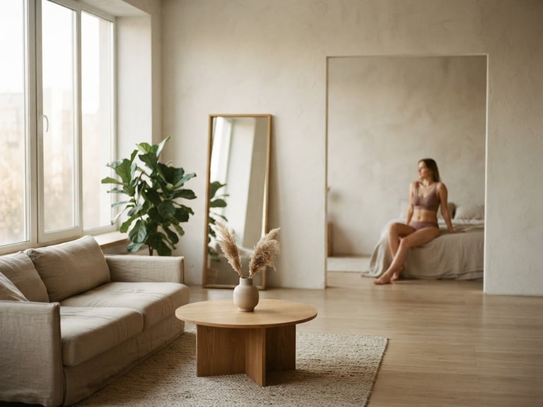 Wide panoramic shot of a minimalist, sunlit interior with soft textures and ample negative space. A model in natural pose, wearing Dralena lingerie, is subtly visible in the background, out of focus, emphasizing the serene environment. Soft morning window light, muted earth tones, shallow depth of field, 35mm.