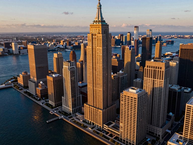 Aerial drone shot of the Brickell skyline at golden hour, deep blue water contrasting with warm architectural lighting, high-contrast editorial composition.