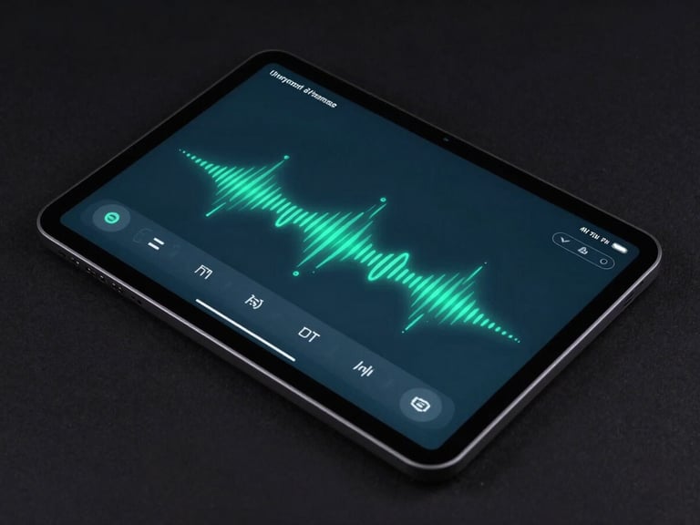 Angled perspective of an Android tablet controlling smart home devices, showing a custom UI with haptic feedback elements, deep slate and teal accents, low-key lighting.