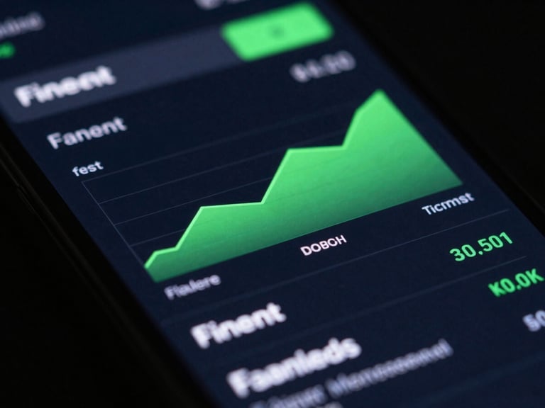 Macro close-up of an Android phone screen displaying a fluid FinTech dashboard with real-time data, dark mode, neon green charts, studio lighting.