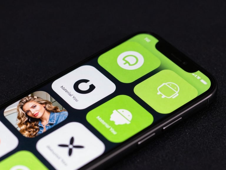 Close-up of an Android phone displaying a vibrant social media app, custom animations, Material You design principles, crisp UI details, studio lighting.