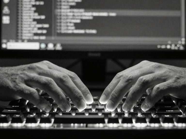 Close-up of hands resting on a mechanical keyboard, monitor glow illuminating fingertips, version control diff visible on screen in background, black and white, direct frontal framing, studio tungsten lighting