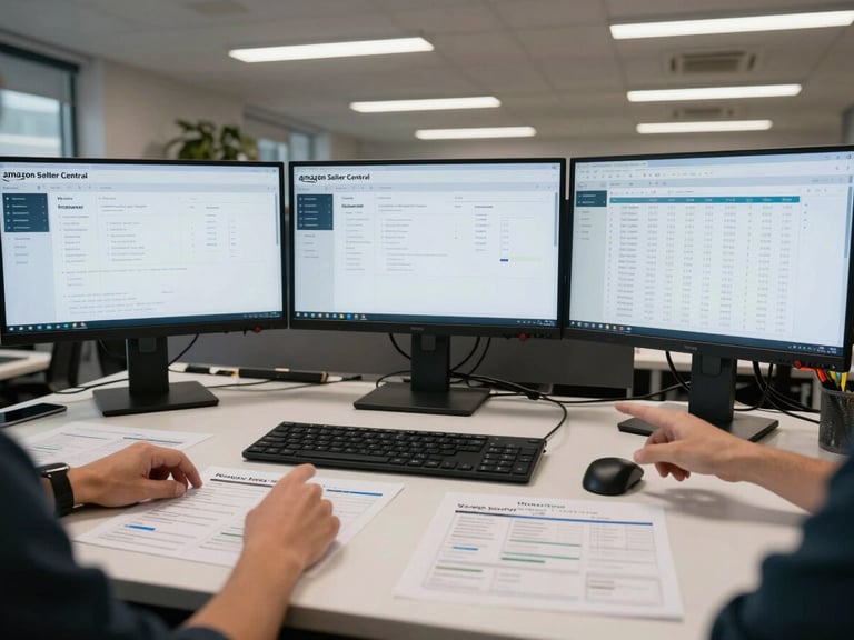 Wide shot of a team workspace with three monitors showing Amazon Seller Central dashboards and a forecast spreadsheet, overhead fluorescent office lighting, printed weekly reports spread across a desk, hands pointing at screen data, no faces visible
