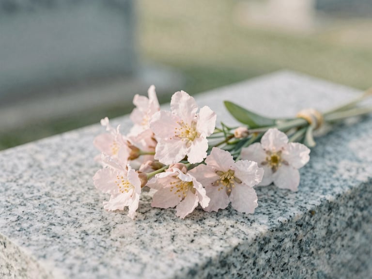Close-up of delicate seasonal flowers placed on a clean granite headstone, soft morning light, muted sage and pale pink tones, shallow depth of field