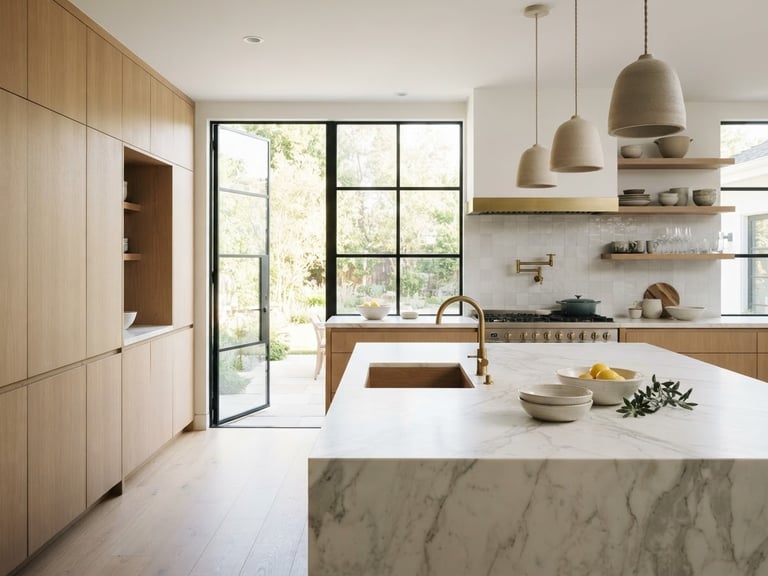 Architectural interior photography of a modern kitchen remodel, bright natural daylight streaming through black-framed steel windows, white marble countertops, minimalist oak cabinetry, sharp focus, 35mm lens, high-end editorial style.