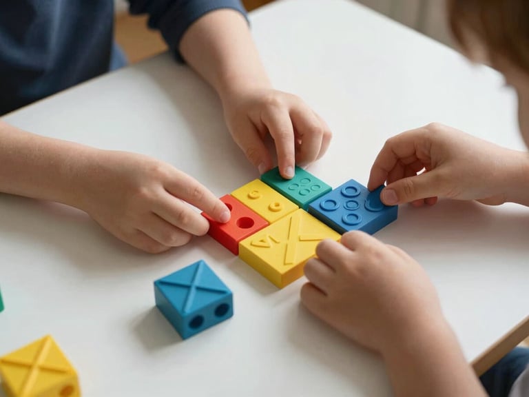 Hands of a child interacting with colorful geometric 3D printed sensory blocks on a clean white table, soft natural side lighting, realistic shadows, high focus on tactile textures.