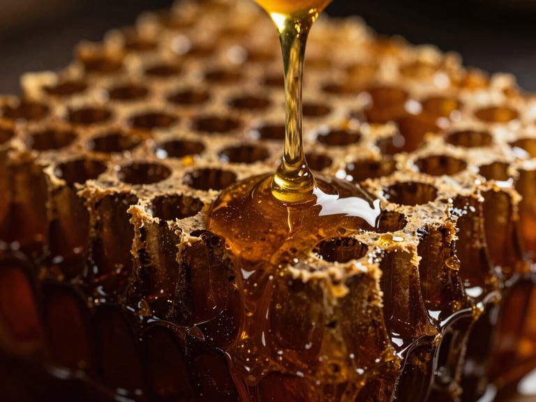 Extreme close-up of thick, golden raw honey dripping slowly from a dark wooden honeycomb, deep shadows, dramatic golden-hour side light, rich amber and obsidian tones, macro depth of field