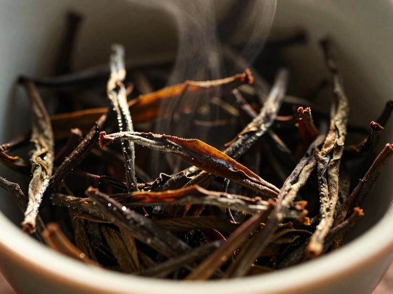Extreme close-up of dark, dried tea leaves with fine silver tips, steam gently rising from a hand-thrown ceramic cup, dramatic golden-hour side light, rich amber and obsidian tones, macro depth of field