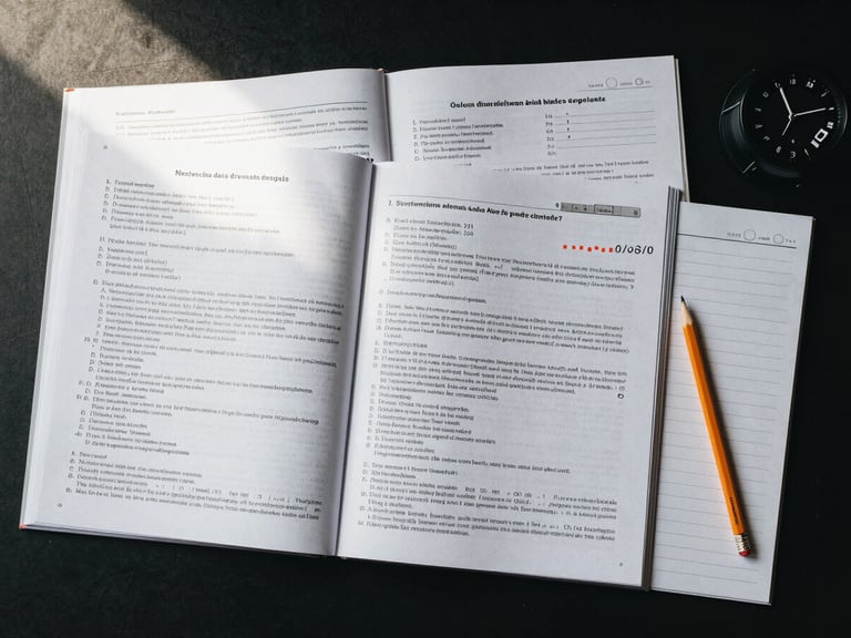 Wide flat-lay of a German language exam preparation kit spread across a dark desk surface: open workbook with practice test pages, answer sheet with pencil marks, a timer placed to the right edge, soft directional studio light from upper left, desaturated cool palette, no faces or legible text