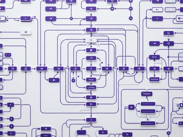 Macro close-up of a structured UI component state diagram, perfectly aligned orthographic view, crisp studio lighting, bright white and royal purple accents, sharp macro lens.