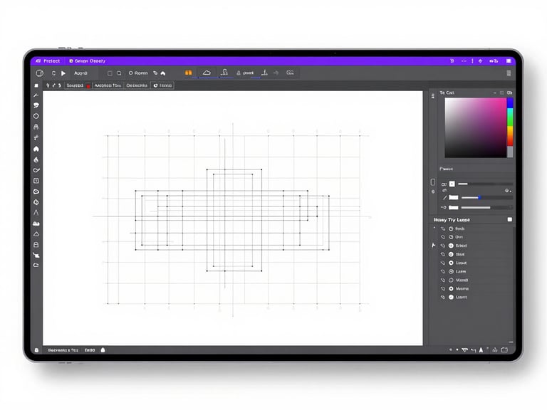 Perfectly aligned orthographic view of an AI-assisted design editor interface, displaying wireframe grids and layout controls, sharp macro lens.