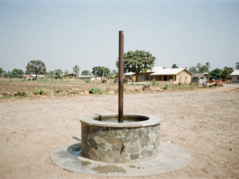Documentary film photography of a community-built water well in a rural village, natural daylight, honest desaturated tones, wide-angle lens, 35mm