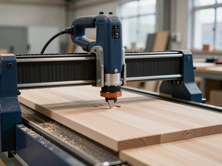 Close-up of a heavy-duty CNC wood router carving a solid timber panel in a modern industrial workshop, fine sawdust, crisp daylight, 35mm lens.