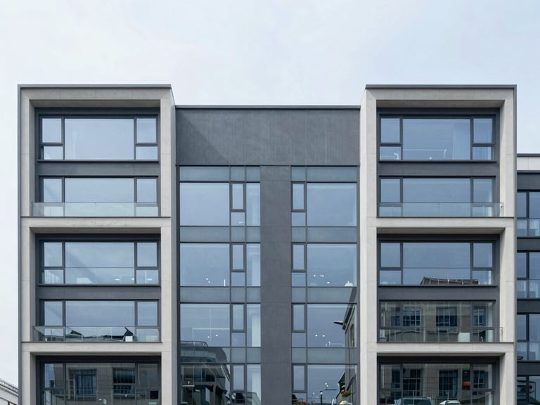 Straight-on symmetrical architectural elevation of a modern commercial facade with clean structural lines, overcast sky, sharp glass reflections