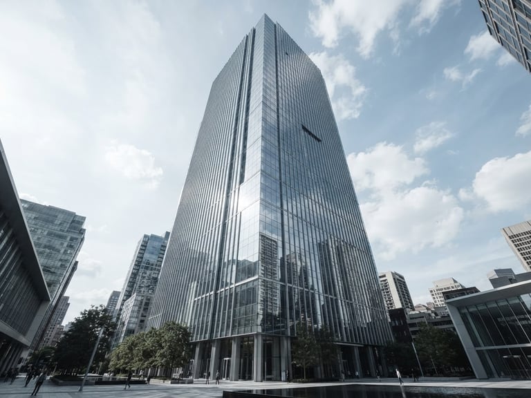 Wide-angle architectural exterior of a modern commercial high-rise with flawless structural glazing, bright natural daylight, sharp glass reflections, desaturated cool tones