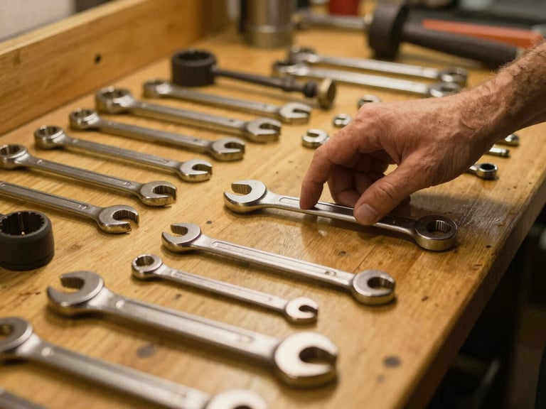 Organized workbench with precision tools laid out, a mechanic's hand reaching for a wrench, warm task lighting, rich metallic tones, 35mm.