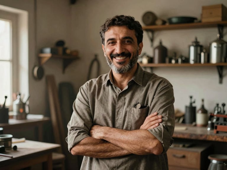 Authentic portrait of Meister Nezami, smiling, standing in his workshop, hands crossed, warm, approachable, 35mm.