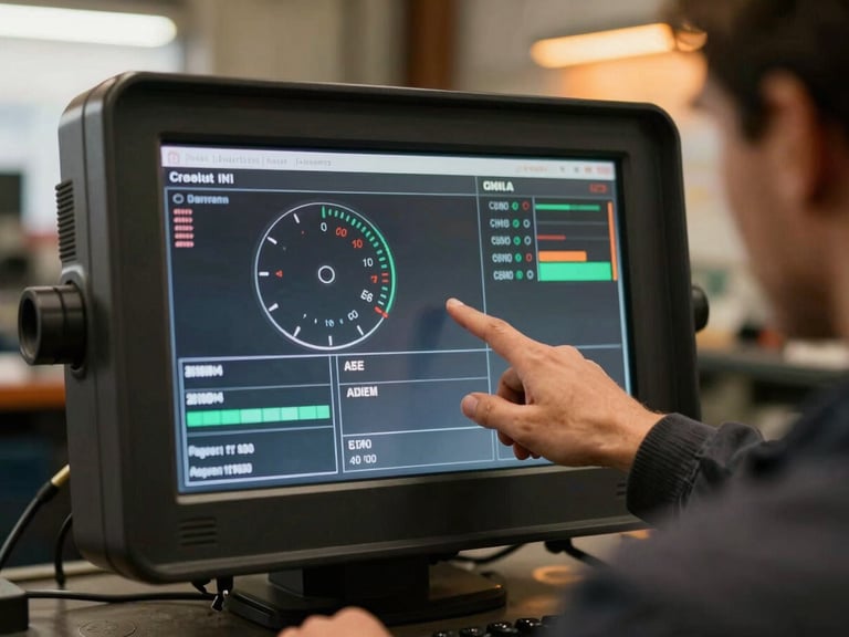 Clean diagnostic screen displaying complex engine data, mechanic's hand pointing to a specific reading, warm workshop light, 35mm.