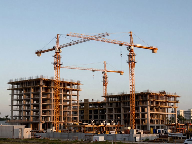 Wide environmental shot of a multi-crane construction site at dawn in Miami, scaffolding and multiple active structures visible, cool pre-sunrise overcast light, no workers in foreground, showing site complexity and scale