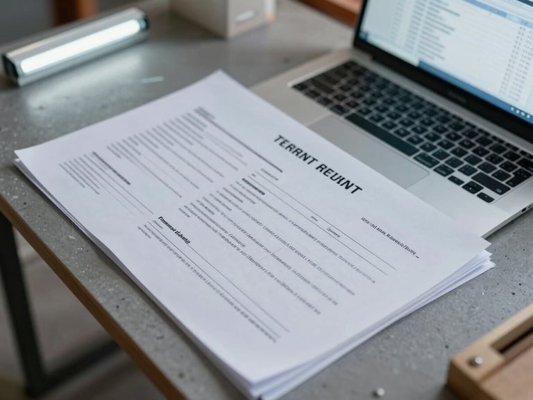 Overhead tight shot of a physical permit document set spread on a construction site table under cool fluorescent interior lighting, handwritten notes visible on the margins, a laptop screen showing rows of data partially visible at the frame edge, no people in frame