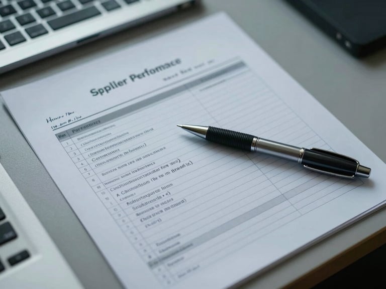 Overhead tight shot of a printed supplier performance report on a desk, handwritten notes in the margins, cool fluorescent office lighting, pen resting across the page, no hands in frame