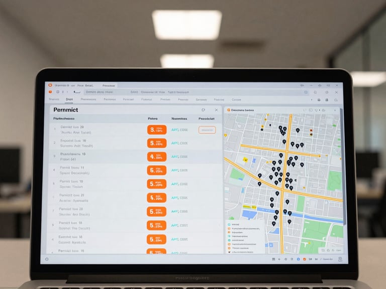 Tight overhead shot of a laptop screen showing a construction project dashboard with permit status rows, risk score badges in orange, and a map panel showing clustered project pins across a Miami street grid, interior office fluorescent lighting, no person visible, screen fills the frame