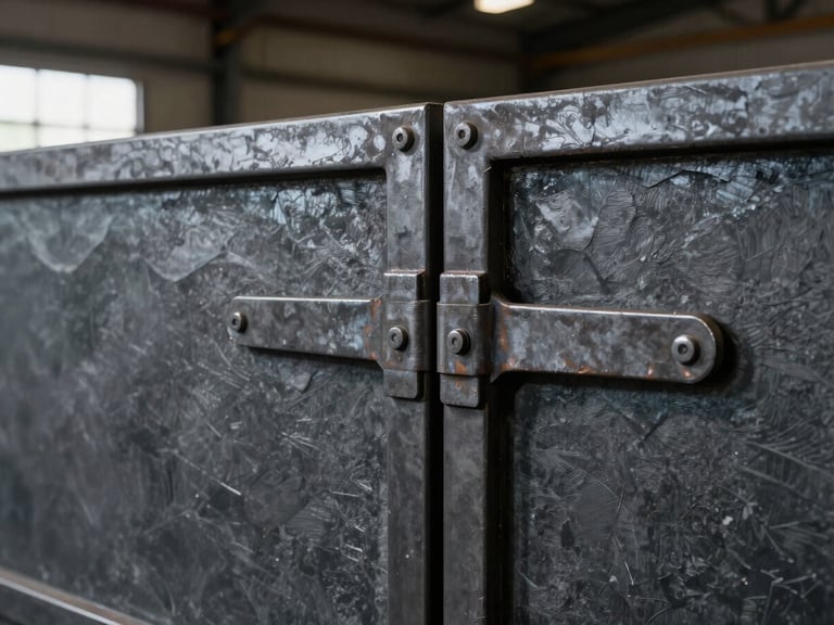 Industrial charcoal steel gate, heavy duty hinges, clean welding work, moody workshop natural light