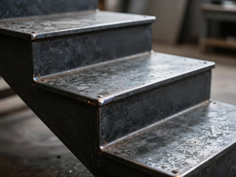 Close-up of a black steel floating staircase step, perfect seamless weld joint, raw metal texture, dramatic side light