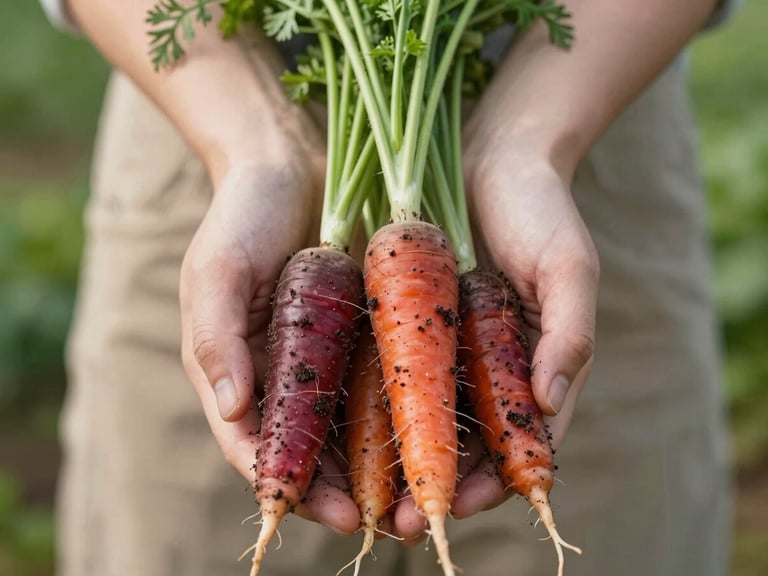 Hands holding freshly harvested heritage carrots with soil, soft north-facing daylight, warm editorial photography