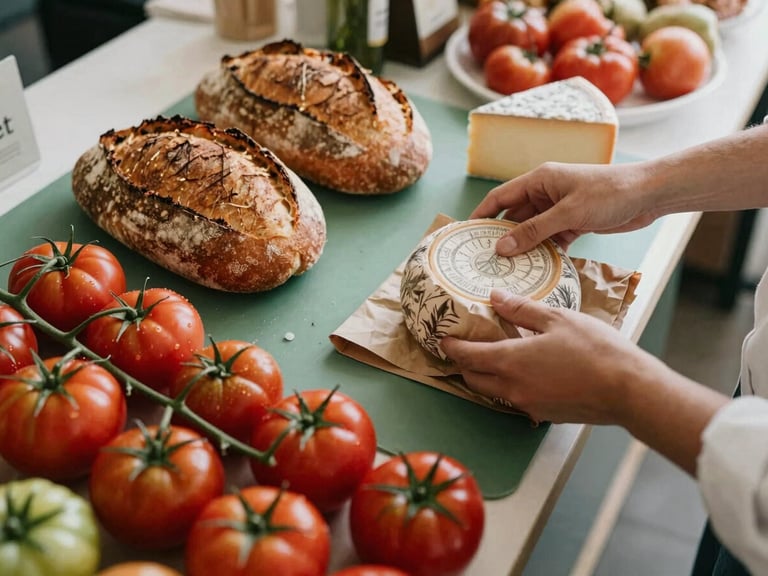 Overhead flat-lay of a bustling modern food market counter, fresh heirloom tomatoes, crusty sourdough loaves, hands wrapping artisanal cheese in brown paper, soft north daylight, warm editorial style