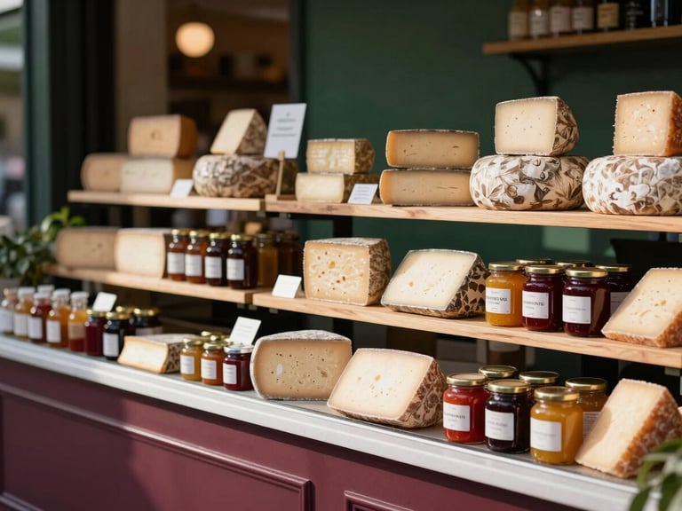 A beautifully curated modern food market stall, artisanal cheeses and preserves on shelves, soft natural light, 35mm lens