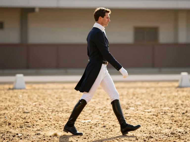 A rider in formal white breeches and dark coat executing a precise dressage movement in a sunlit arena, compressed background, 85mm lens