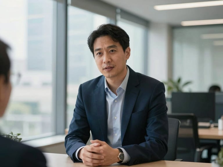 Candid, professional portrait of an advisor in a modern office, engaged in conversation, natural light, subtle deep slate and navy accents, 35mm.