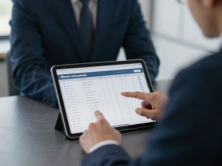 A professional advisor's hands pointing at a clean, structured data visualization on a tablet screen, soft natural light, deep slate and navy tones, architectural framing, 35mm.