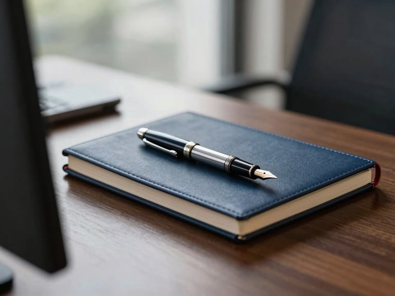 Close-up of an executive notebook and a high-end fountain pen on a polished dark wood desk, soft natural light, architectural framing, 35mm.
