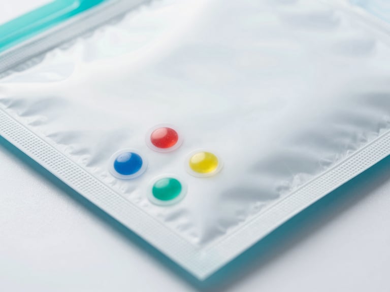 Macro studio shot of medical-grade self-sealing sterilization pouches with color-changing indicators, bright sterile lighting, cool teal accents, 50mm.