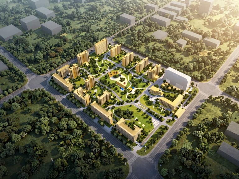 Clean, high-end architectural rendering of a master site plan, showcasing structured plot divisions, green parks, and wide paved roads in deep forest green and gold accents.