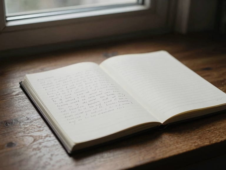Close-up of handwritten notes on a wooden desk, high-contrast natural window light, deep shadows, desaturated tones, 35mm film