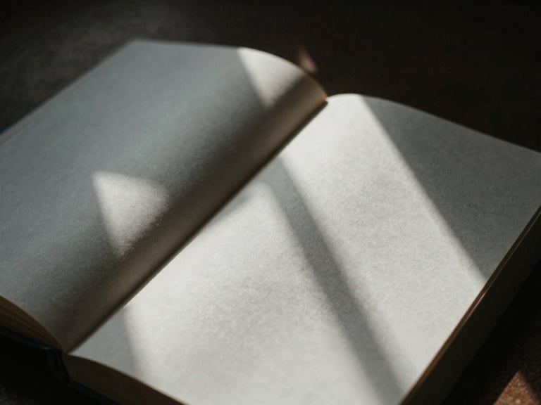 Close-up of open physical book pages, dramatic shadows, moody desaturated tones, 35mm film