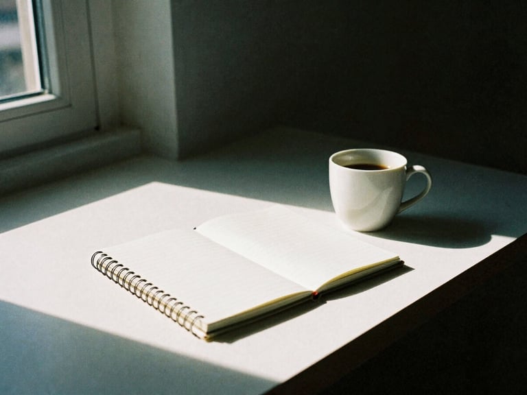 Raw workspace with a notebook and a coffee cup, harsh window light casting long shadows, 35mm film