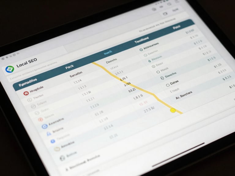 Close-up of a local SEO analytics interface on a tablet, displaying map pack rankings and keyword performance, moody directional light, screen glow highlights, cool desaturated tones, sharp 35mm lens, high contrast
