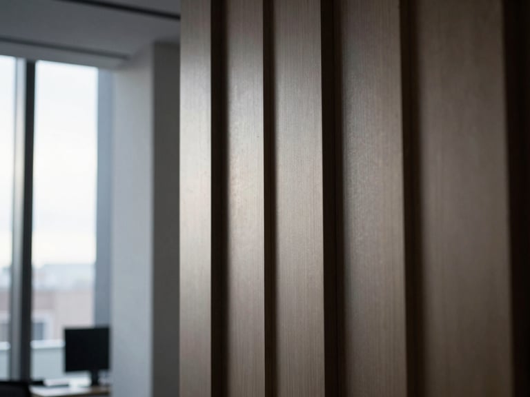 Architectural detail of a modern UK office interior, focusing on clean lines and natural light, with a subtle screen glow from a distant monitor, moody directional light, cool desaturated tones, sharp 35mm lens, high contrast, right third.