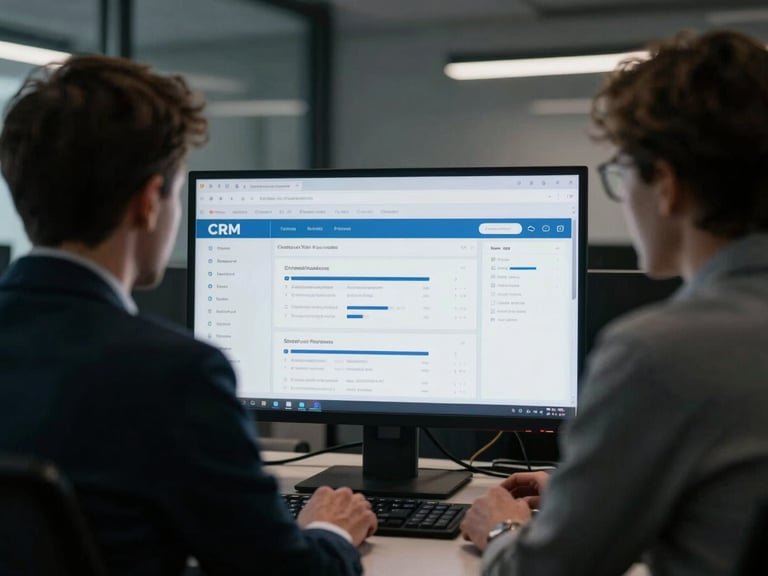 Candid shot of two marketing strategists collaborating on a large monitor in a modern UK office, displaying a CRM dashboard, moody directional light, screen-glow highlights, cool desaturated tones, sharp 35mm lens, high contrast, left third.