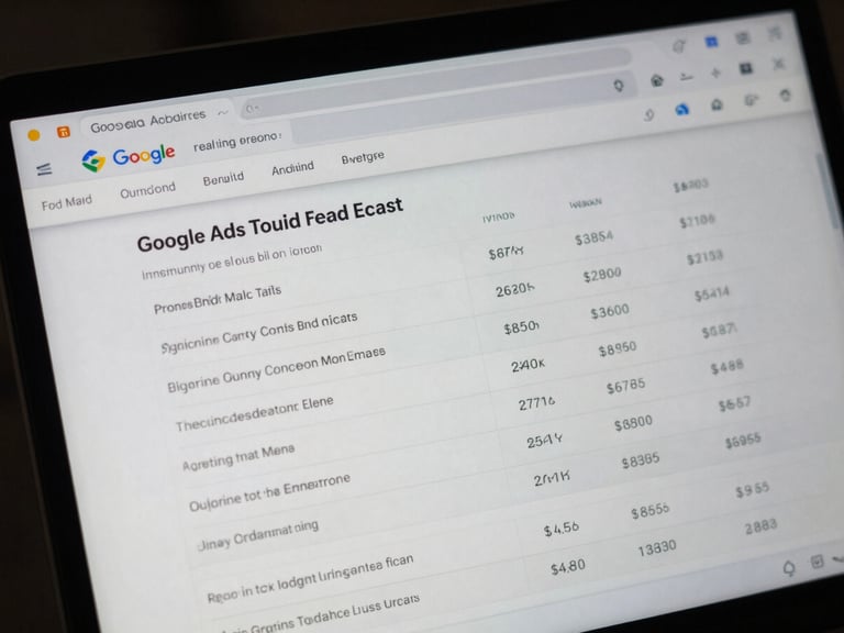 Close-up of a Google Ads dashboard on a laptop screen, showing real-time bid adjustments and conversion data, moody directional light, screen glow highlights, cool desaturated tones, sharp 35mm lens, high contrast