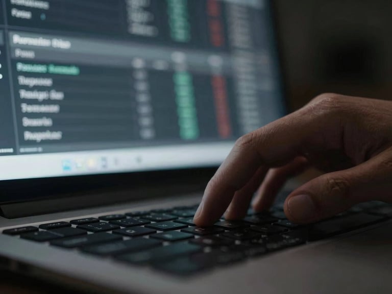 Macro shot of a hand hovering over a keyboard, with a blurred background of a digital analytics dashboard on a screen, moody directional light, screen-glow highlights, cool desaturated tones, sharp 35mm lens, high contrast, left third.