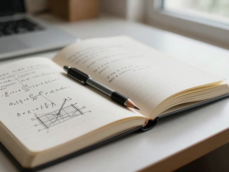 Close-up, shallow depth of field — an open engineering notebook resting on a pale desk, hand-written mathematical notation and architectural diagrams visible on the left page, a mechanical pencil resting in the gutter, soft overcast window light from the upper right, no faces visible