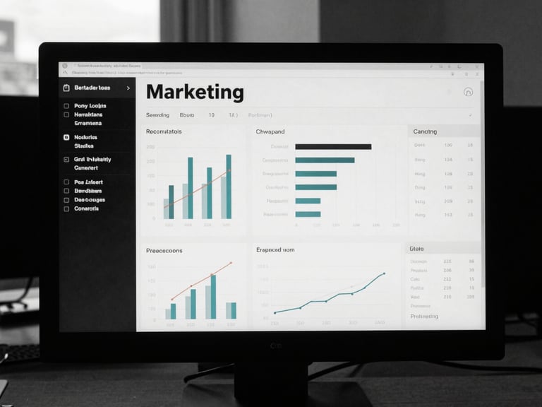 Clean digital dashboard showing real marketing metrics on a monitor, high contrast desaturated tones, low-key natural daylight, 35mm film.